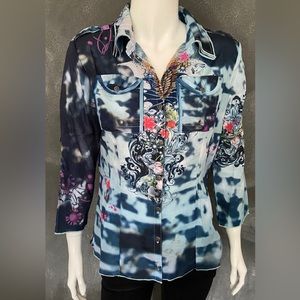 N0066 Alberto Makali Top Blouse Colourful Blue Bird Nature Motive M 3/4 Sleeves